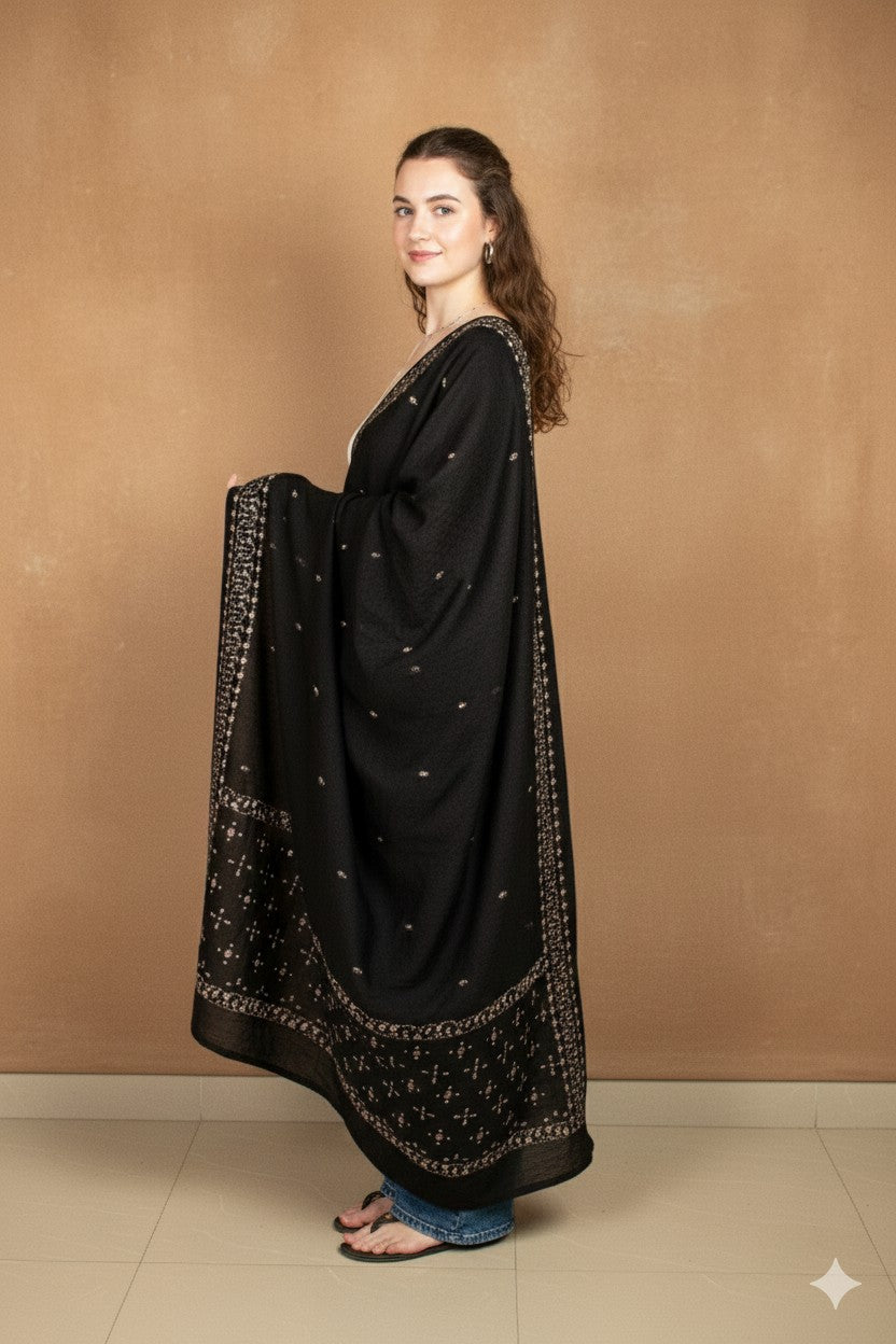 Sanskriti Vintage Black Pure Silk Dupatta Long Stole Hand Beaded Zardozi Scarves