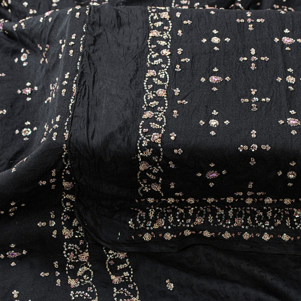Sanskriti Vintage Black Pure Silk Dupatta Long Stole Hand Beaded Zardozi Scarves