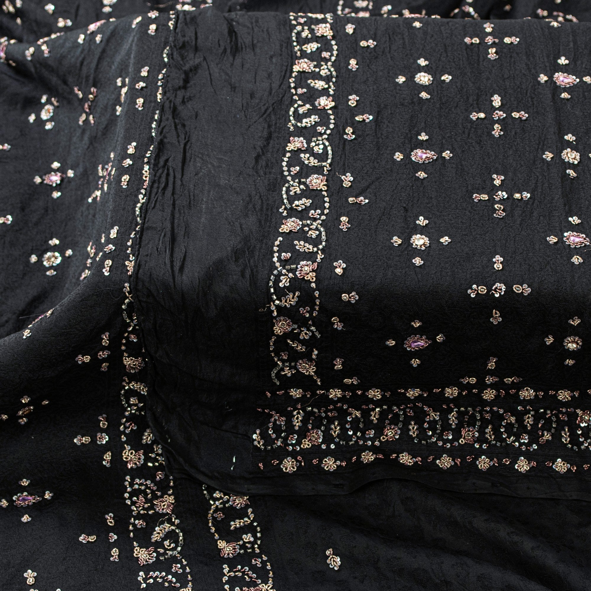 Sanskriti Vintage Black Pure Silk Dupatta Long Stole Hand Beaded Zardozi Scarves