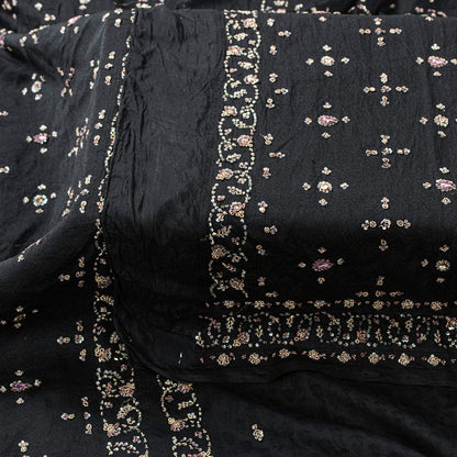Sanskriti Vintage Black Pure Silk Dupatta Long Stole Hand Beaded Zardozi Scarves