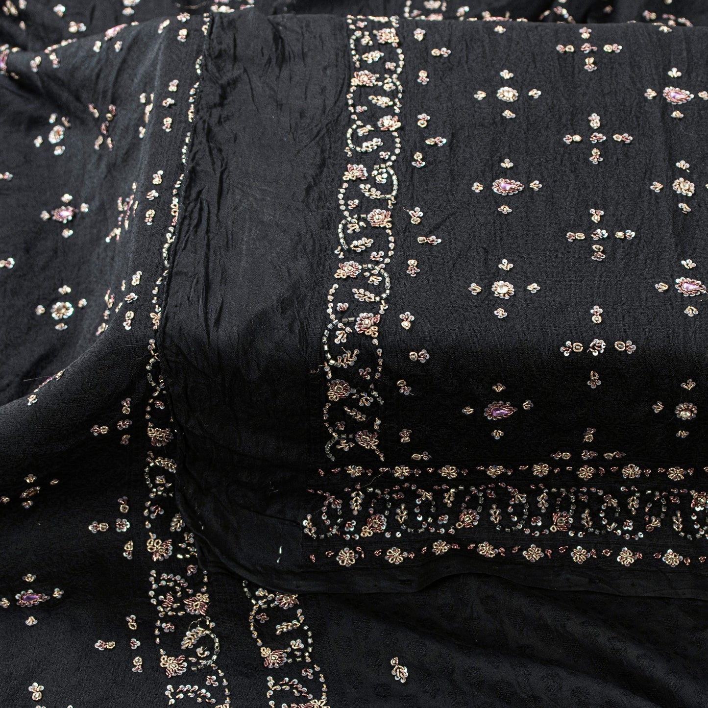 Sanskriti Vintage Black Pure Silk Dupatta Long Stole Hand Beaded Zardozi Scarves