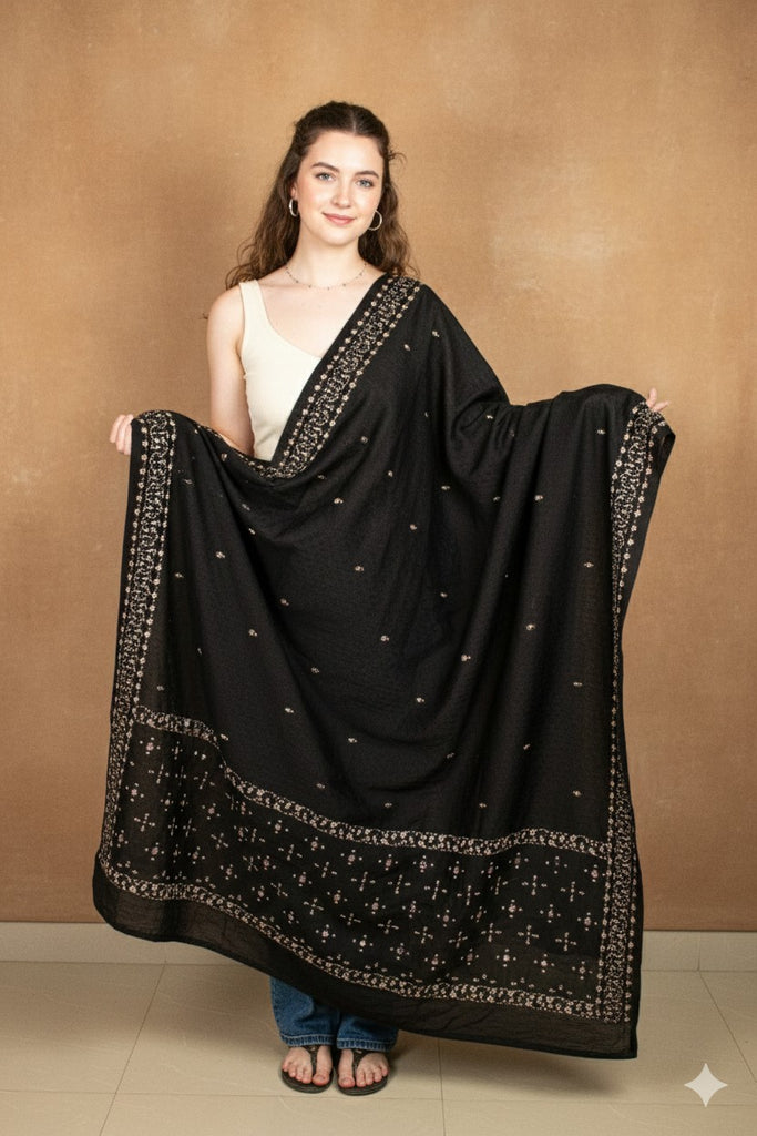 Sanskriti Vintage Black Pure Silk Dupatta Long Stole Hand Beaded Zardozi Scarves