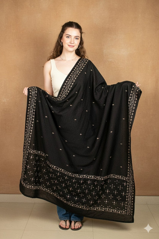 Sanskriti Vintage Black Pure Silk Dupatta Long Stole Hand Beaded Zardozi Scarves