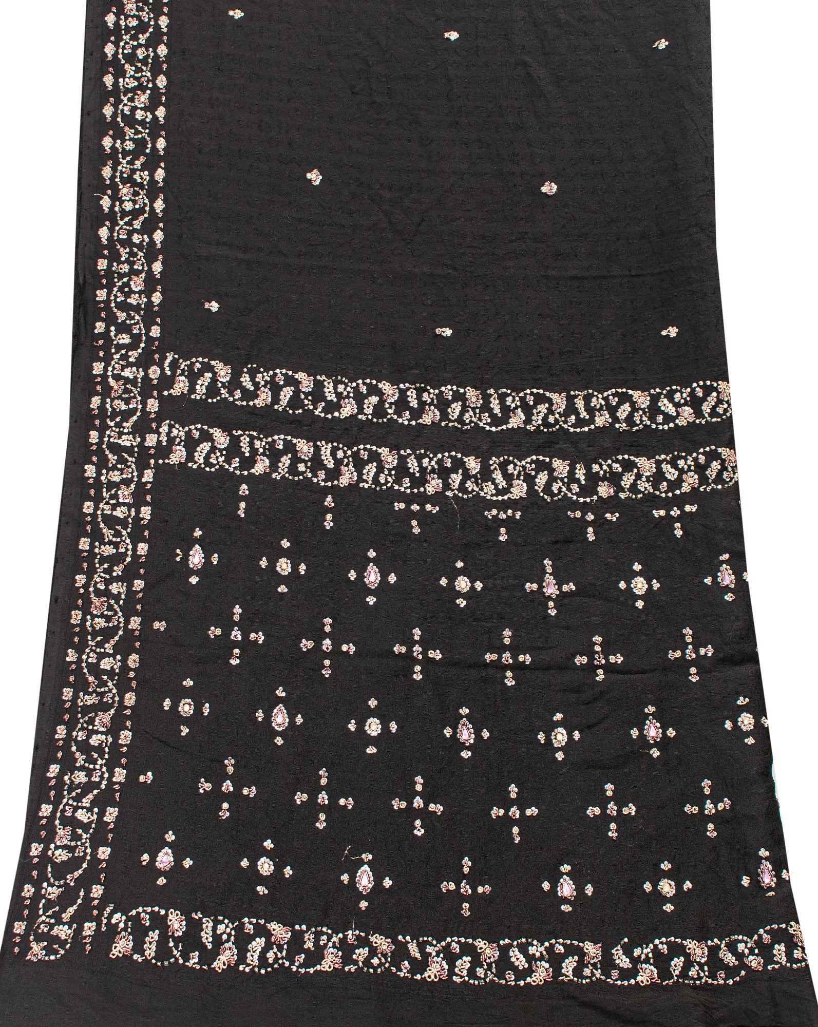 Sanskriti Vintage Black Pure Silk Dupatta Long Stole Hand Beaded Zardozi Scarves