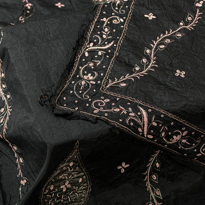 Sanskriti Vintage Black Pure Silk Dupatta Long Stole Hand Embroidered Zardozi