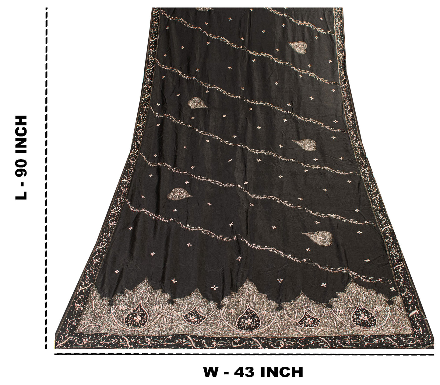 Sanskriti Vintage Black Pure Silk Dupatta Long Stole Hand Embroidered Zardozi