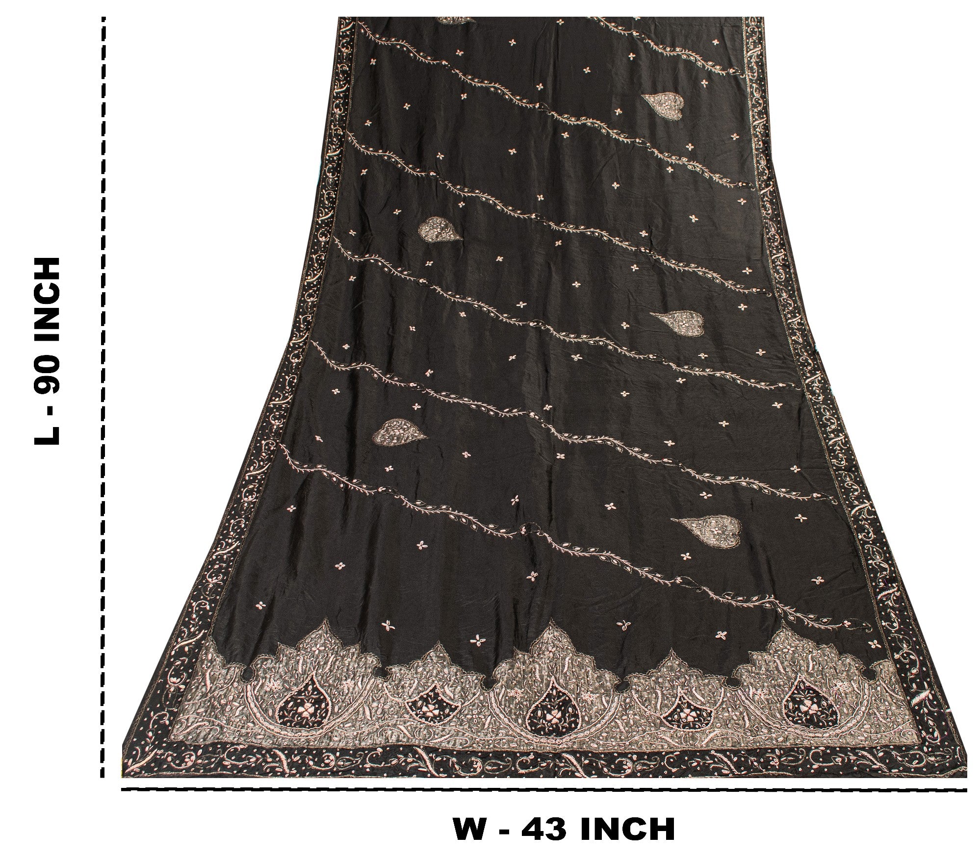 Sanskriti Vintage Black Pure Silk Dupatta Long Stole Hand Embroidered Zardozi