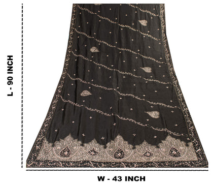 Sanskriti Vintage Black Pure Silk Dupatta Long Stole Hand Embroidered Zardozi