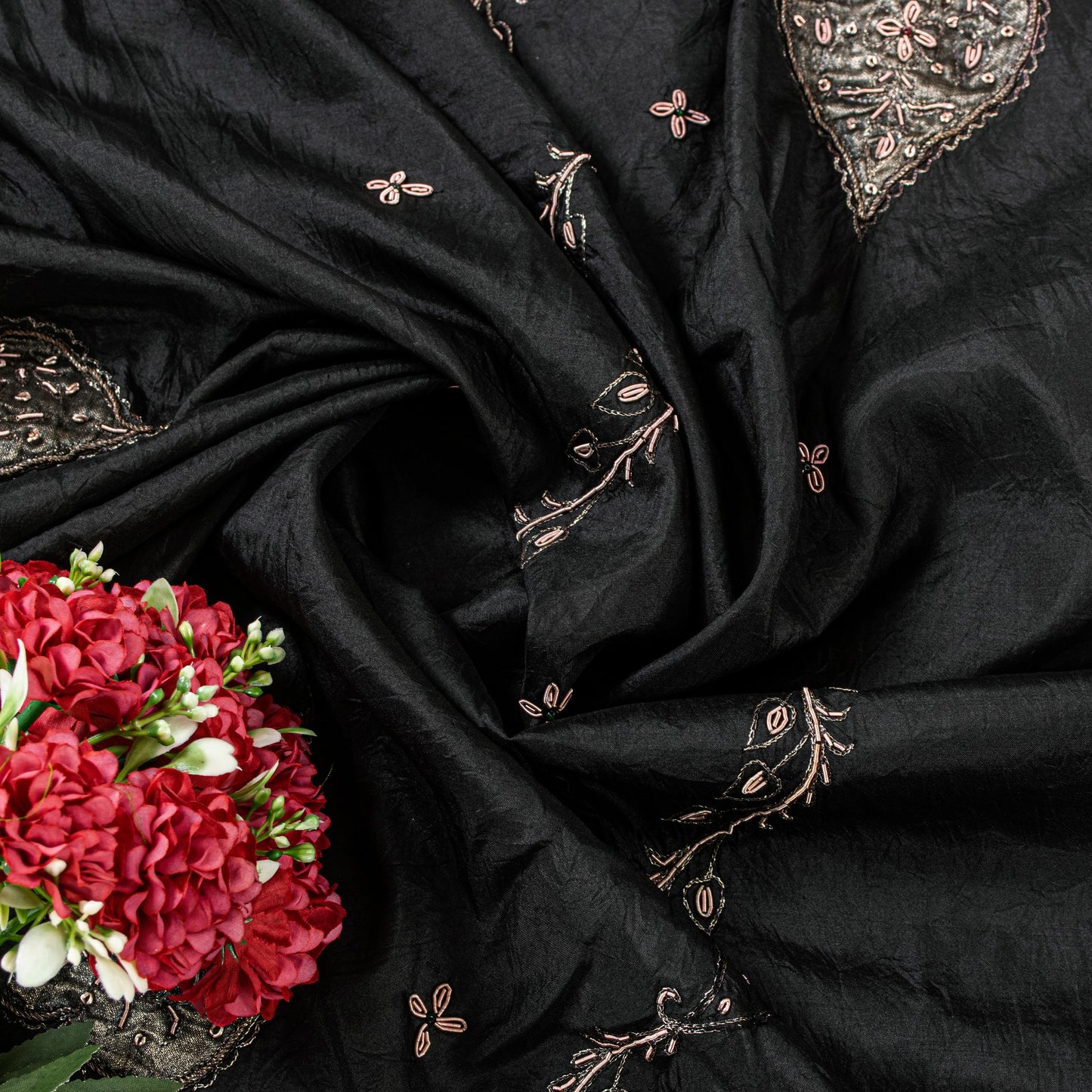 Sanskriti Vintage Black Pure Silk Dupatta Long Stole Hand Embroidered Zardozi