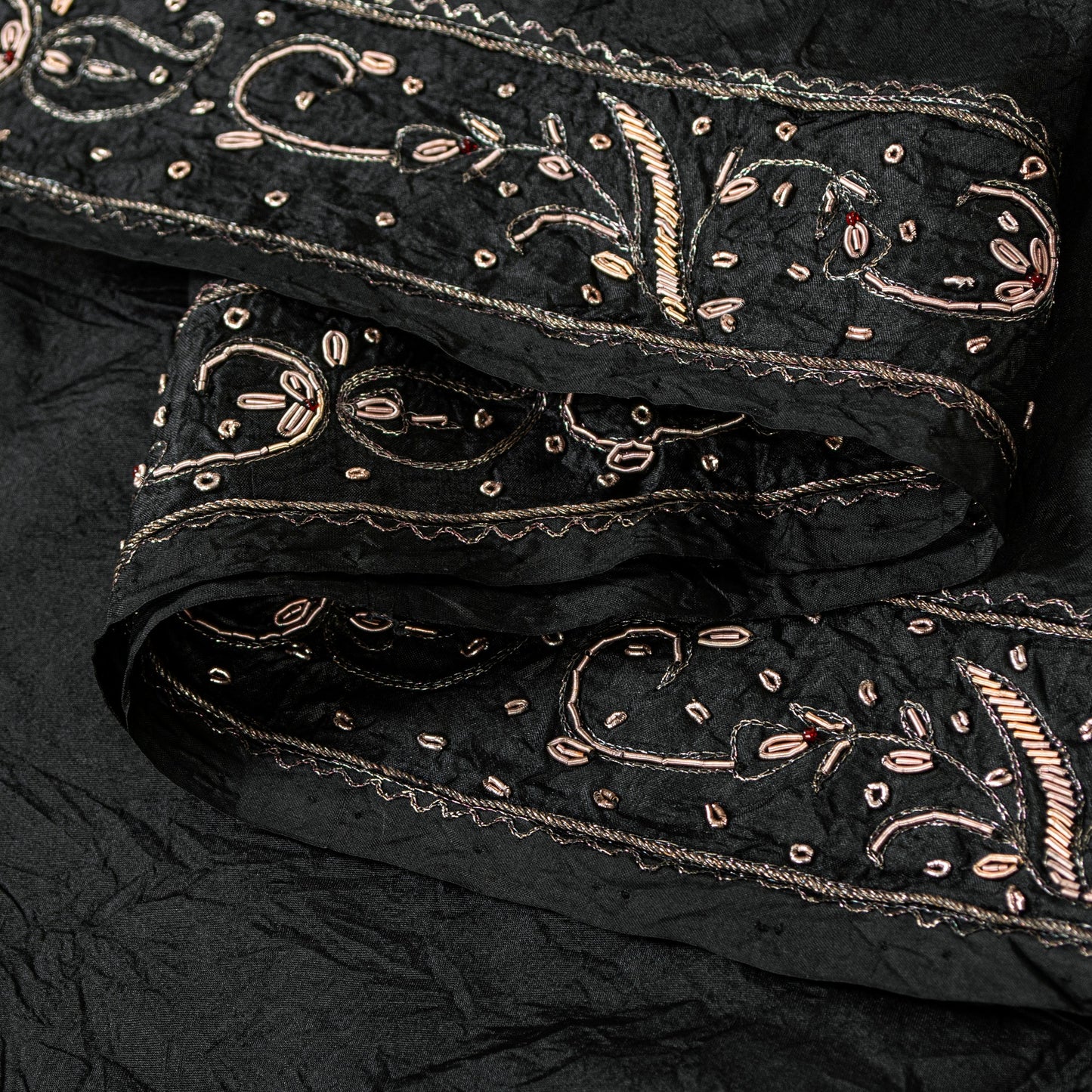 Sanskriti Vintage Black Pure Silk Dupatta Long Stole Hand Embroidered Zardozi