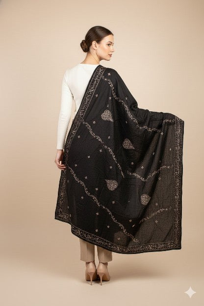 Sanskriti Vintage Black Pure Silk Dupatta Long Stole Hand Embroidered Zardozi