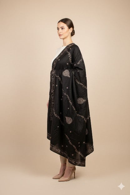 Sanskriti Vintage Black Pure Silk Dupatta Long Stole Hand Embroidered Zardozi