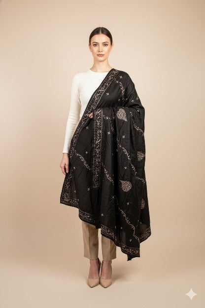 Sanskriti Vintage Black Pure Silk Dupatta Long Stole Hand Embroidered Zardozi