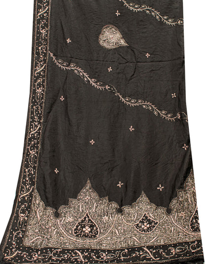 Sanskriti Vintage Black Pure Silk Dupatta Long Stole Hand Embroidered Zardozi