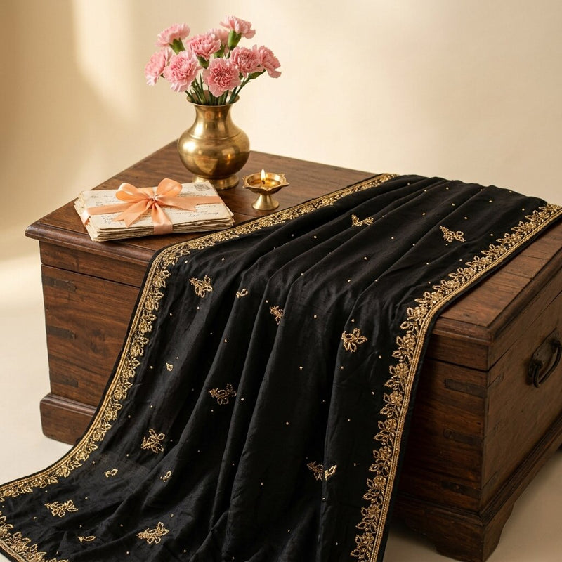 Sanskriti Vintage Dupatta/Stole Black Pure Silk Hand Embroidered Zardozi Veil