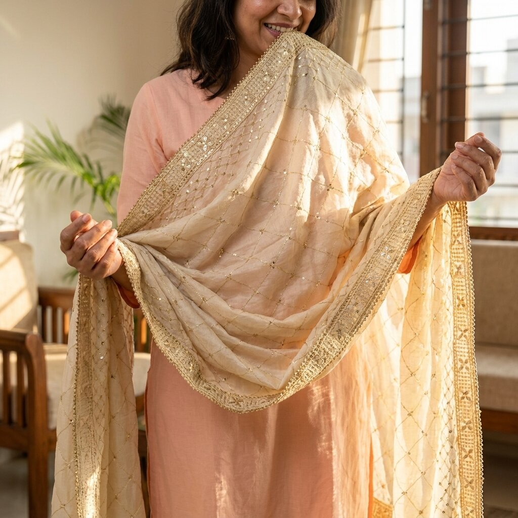 Sanskriti Vintage Cream Blend Cotton Dupatta/Stole Embroidered Traditional Veil