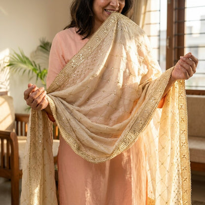 Sanskriti Vintage Cream Blend Cotton Dupatta/Stole Embroidered Traditional Veil