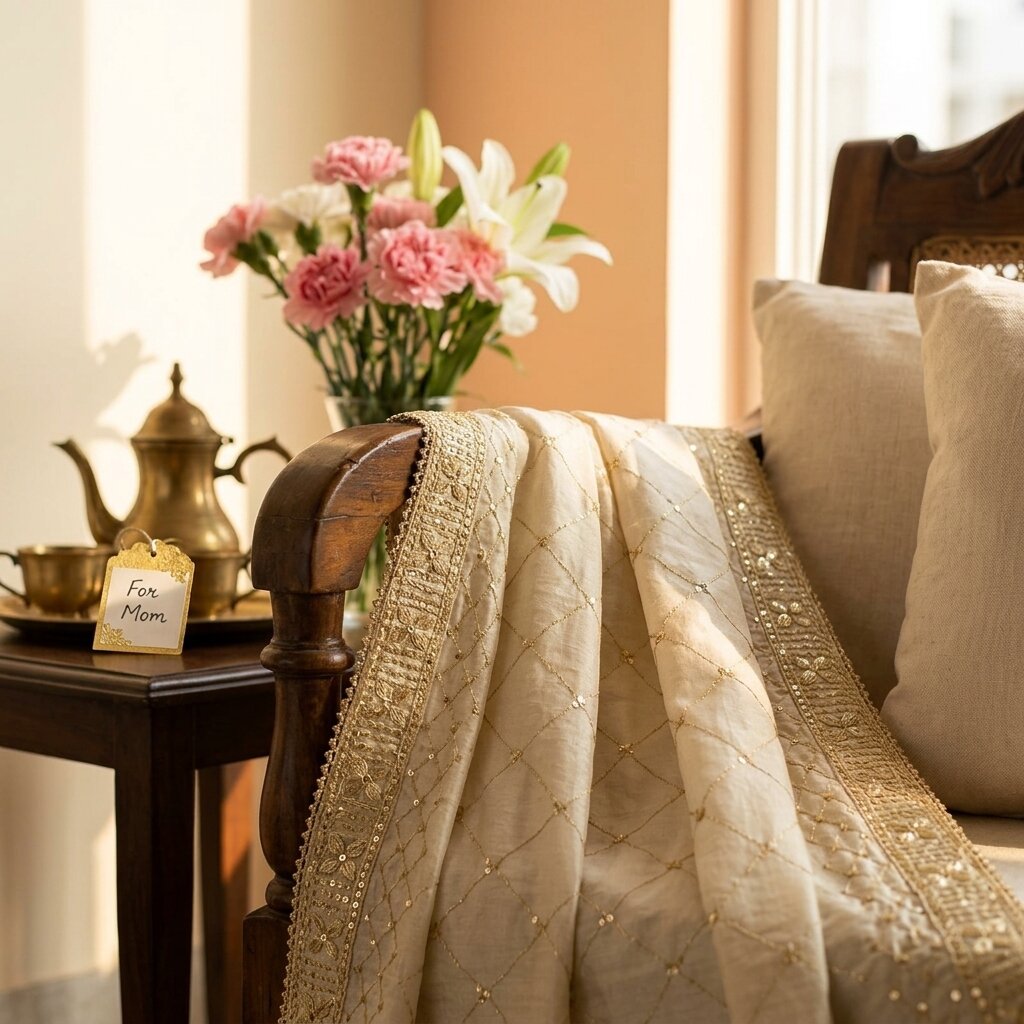 Sanskriti Vintage Cream Blend Cotton Dupatta/Stole Embroidered Traditional Veil