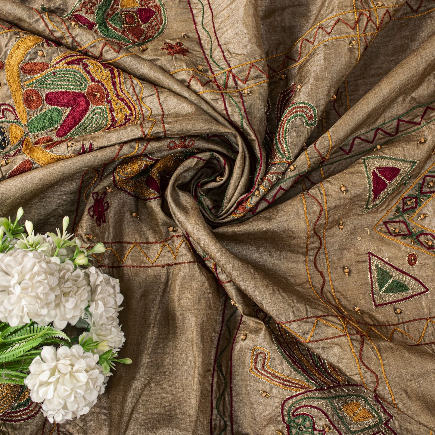 Sanskriti Vintage Gray 100%Pure Silk Dupatta/Stole Embroidered- Hand Beaded Veil