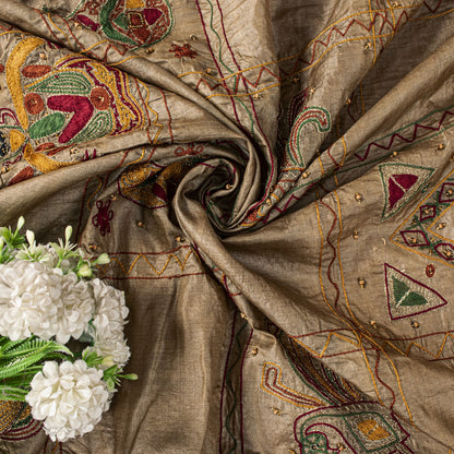 Sanskriti Vintage Gray 100%Pure Silk Dupatta/Stole Embroidered- Hand Beaded Veil