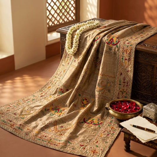 Sanskriti Vintage Gray 100%Pure Silk Dupatta/Stole Embroidered- Hand Beaded Veil