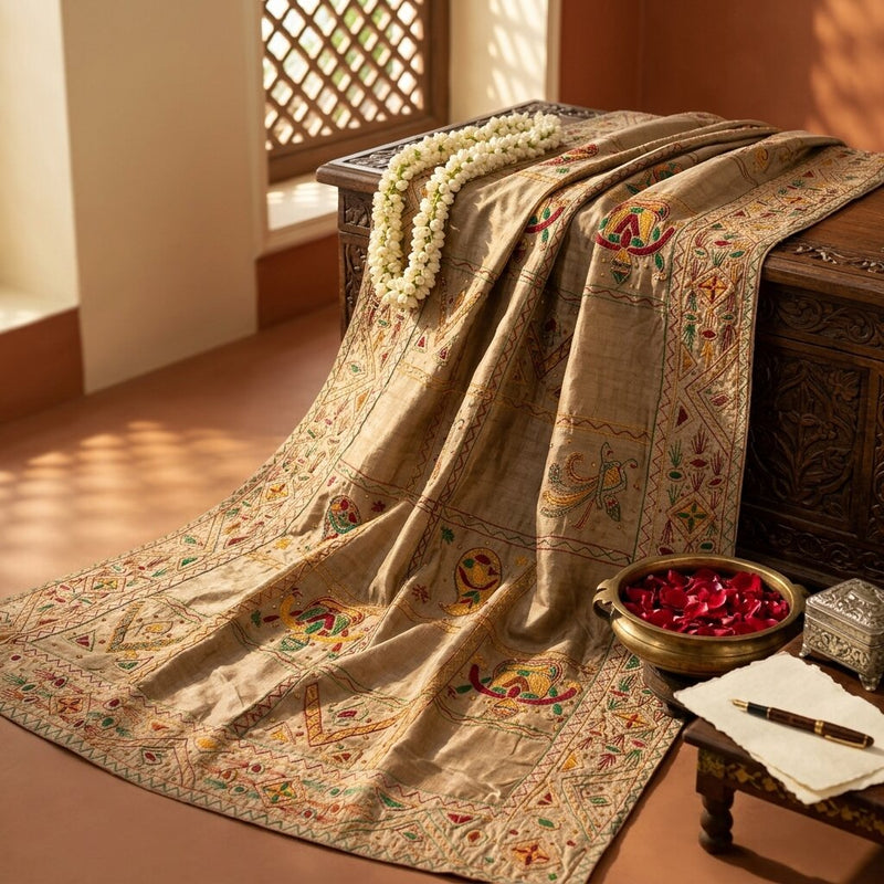 Sanskriti Vintage Gray 100%Pure Silk Dupatta/Stole Embroidered- Hand Beaded Veil