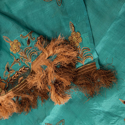 Sanskriti Vintage Blue Pure Silk Dupatta/Stole Hand Beaded Indian Wedding Veil