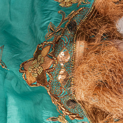 Sanskriti Vintage Blue Pure Silk Dupatta/Stole Hand Beaded Indian Wedding Veil