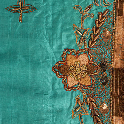 Sanskriti Vintage Blue Pure Silk Dupatta/Stole Hand Beaded Indian Wedding Veil