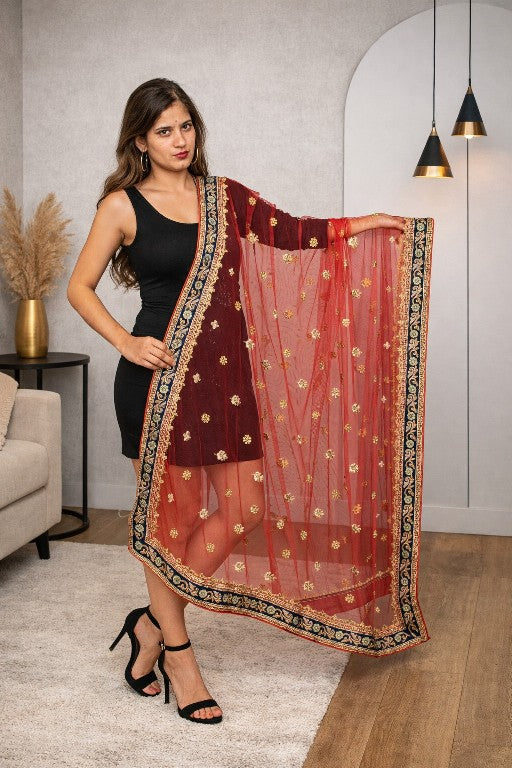 Sanskriti Vintage Pink Net Dupatta Stole Hand Embroidered Zardozi Bridal Scarf