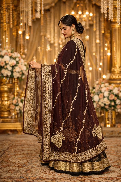Sanskriti Vintage Brown Georgette Dupatta/Stole Hand Embroidery Zardozi Dabka