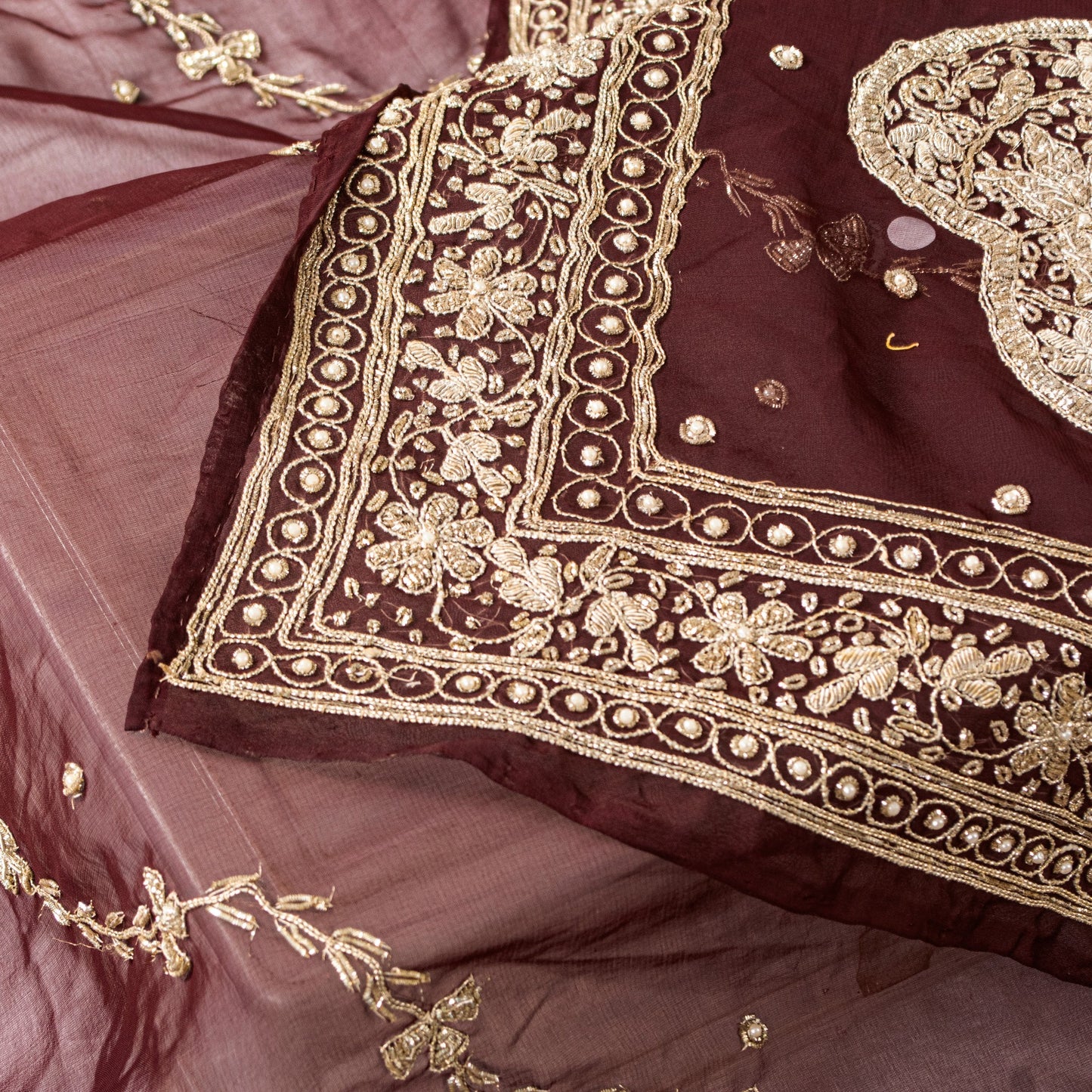 Sanskriti Vintage Brown Georgette Dupatta/Stole Hand Embroidery Zardozi Dabka