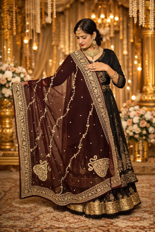 Sanskriti Vintage Brown Georgette Dupatta/Stole Hand Embroidery Zardozi Dabka Dori Bead Crafting, Upcycling, Recycling, Dress Making,Decor