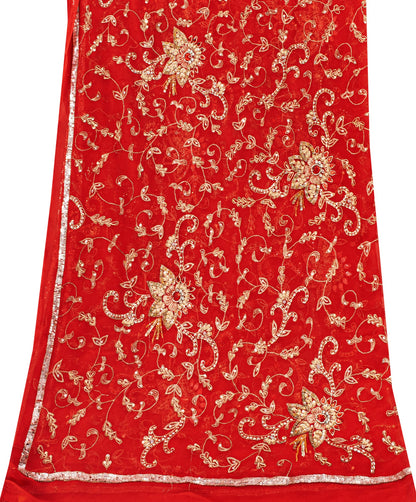 Sanskriti Vintage Red Georgette Dupatta/Stole Hand Embroidered Dabka Zari Veil