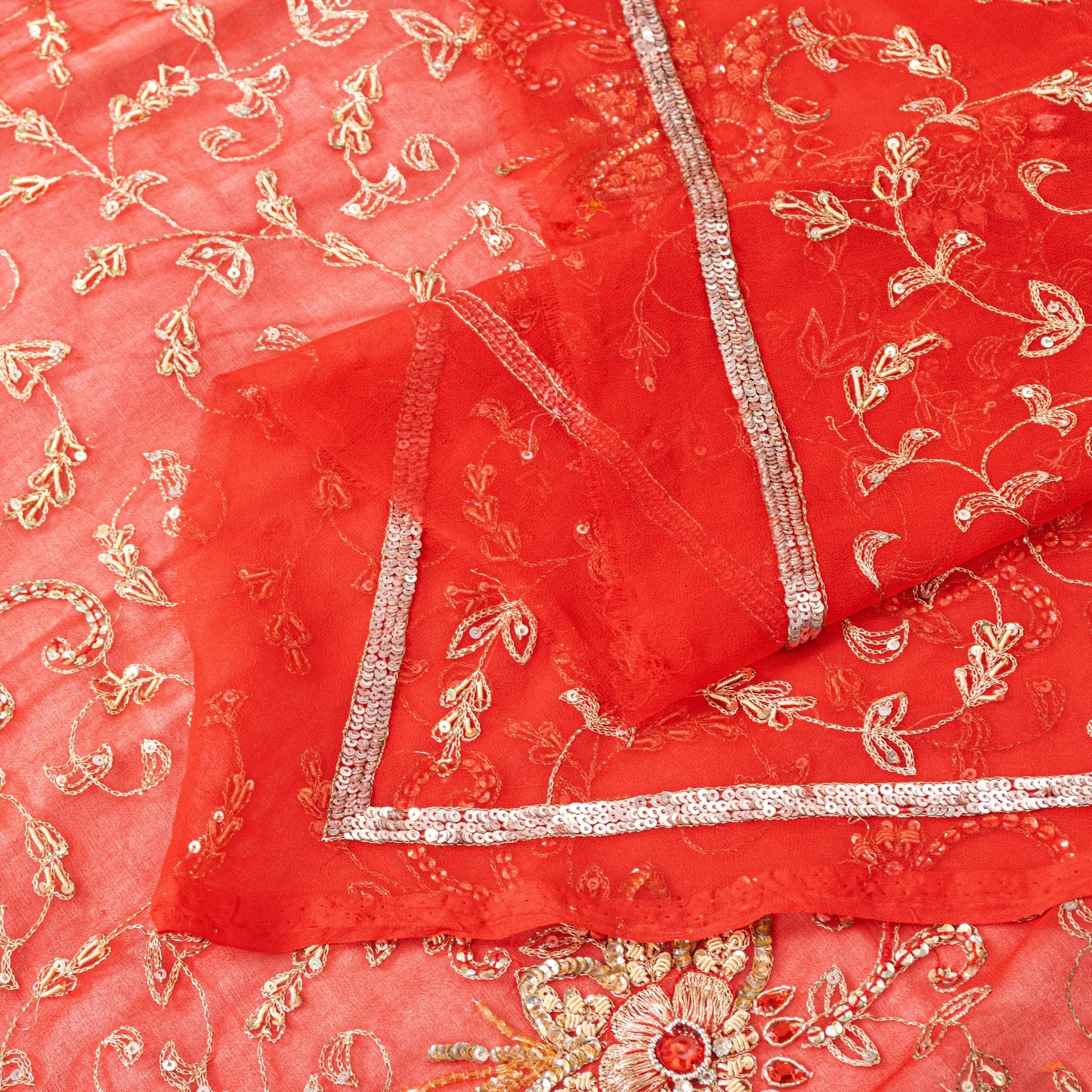 Sanskriti Vintage Red Georgette Dupatta/Stole Hand Embroidered Dabka Zari Veil