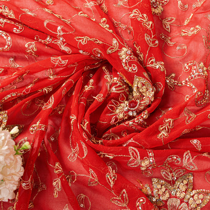 Sanskriti Vintage Red Georgette Dupatta/Stole Hand Embroidered Dabka Zari Veil
