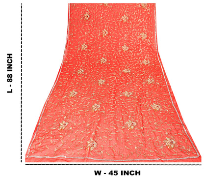 Sanskriti Vintage Red Georgette Dupatta/Stole Hand Embroidered Dabka Zari Veil