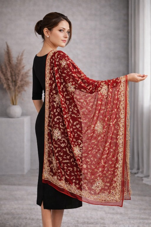 Sanskriti Vintage Red Georgette Dupatta/Stole Hand Embroidered Dabka Zari Veil