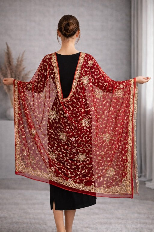 Sanskriti Vintage Red Georgette Dupatta/Stole Hand Embroidered Dabka Zari Veil
