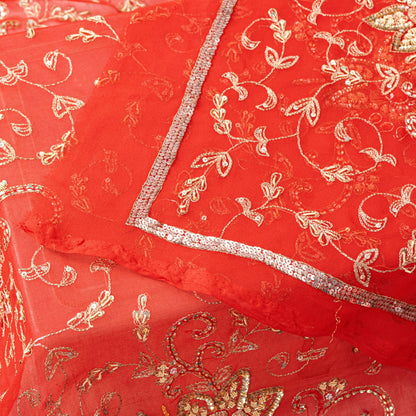 Sanskriti Vintage Red Georgette Dupatta/Stole Hand Embroidered Dabka Zari Veil