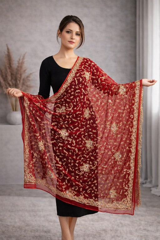 Sanskriti Vintage Red Georgette Dupatta/Stole Hand Embroidered Dabka Zari Veil