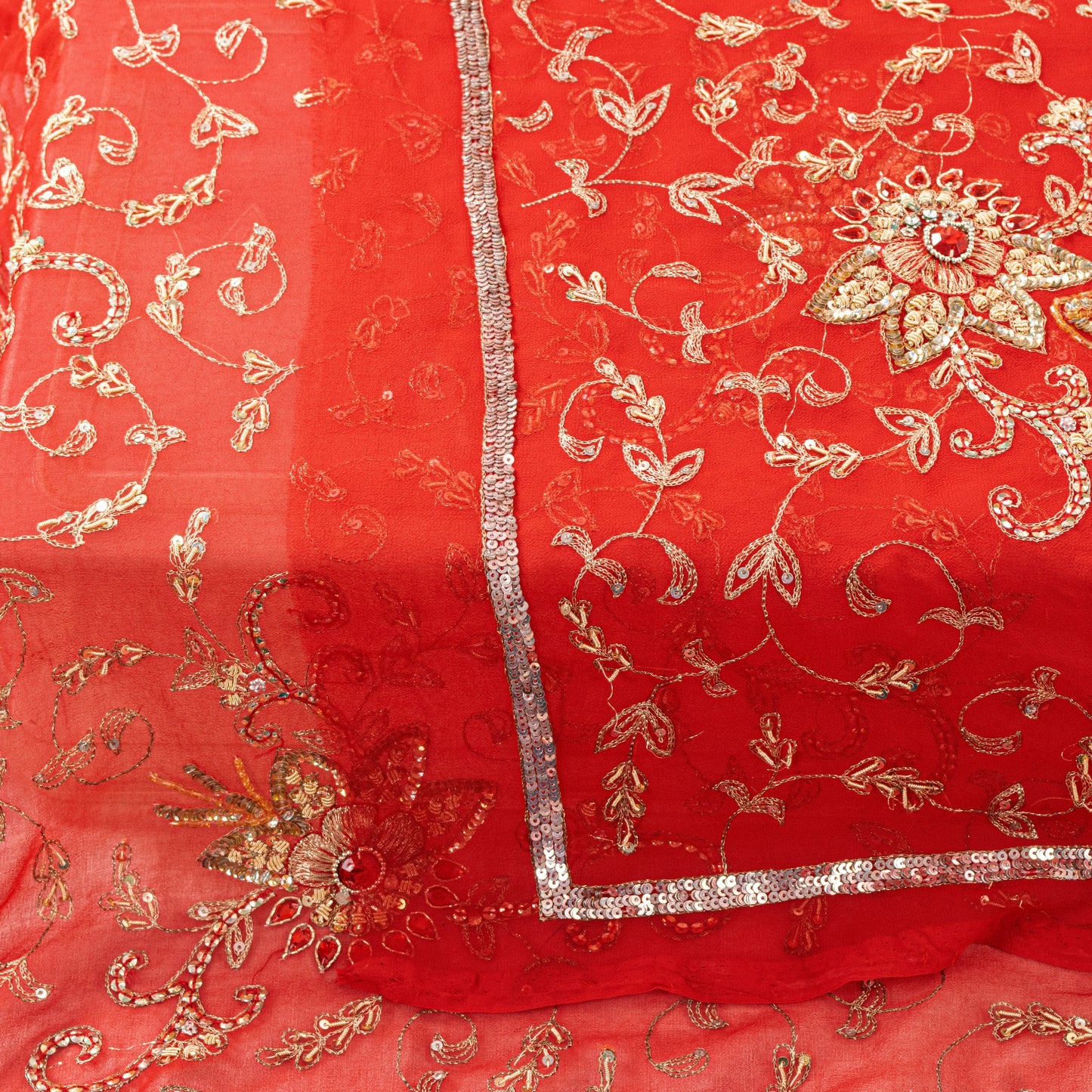 Sanskriti Vintage Red Georgette Dupatta/Stole Hand Embroidered Dabka Zari Veil