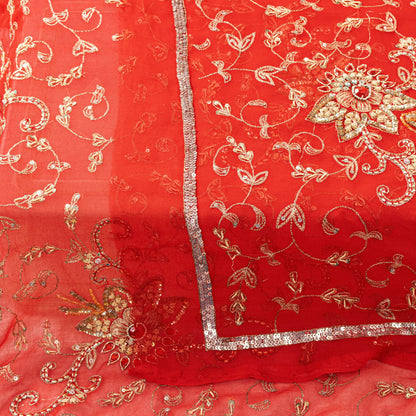 Sanskriti Vintage Red Georgette Dupatta/Stole Hand Embroidered Dabka Zari Veil