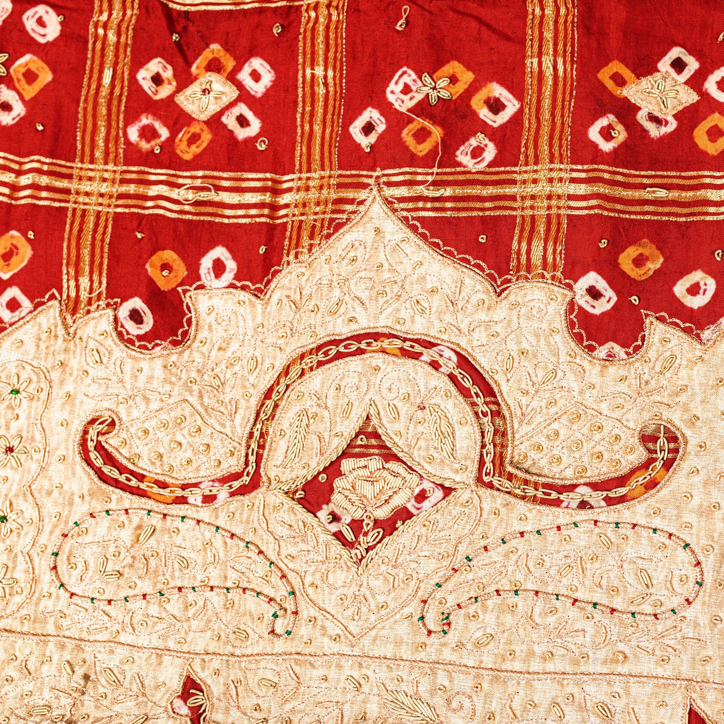 Sanskriti Vintage Dark Red Pure Cotton Dupatta/Stole Bandhani Gharchola Zardozi