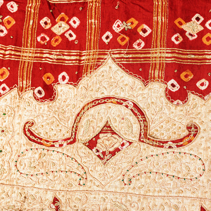 Sanskriti Vintage Dark Red Pure Cotton Dupatta/Stole Bandhani Gharchola Zardozi