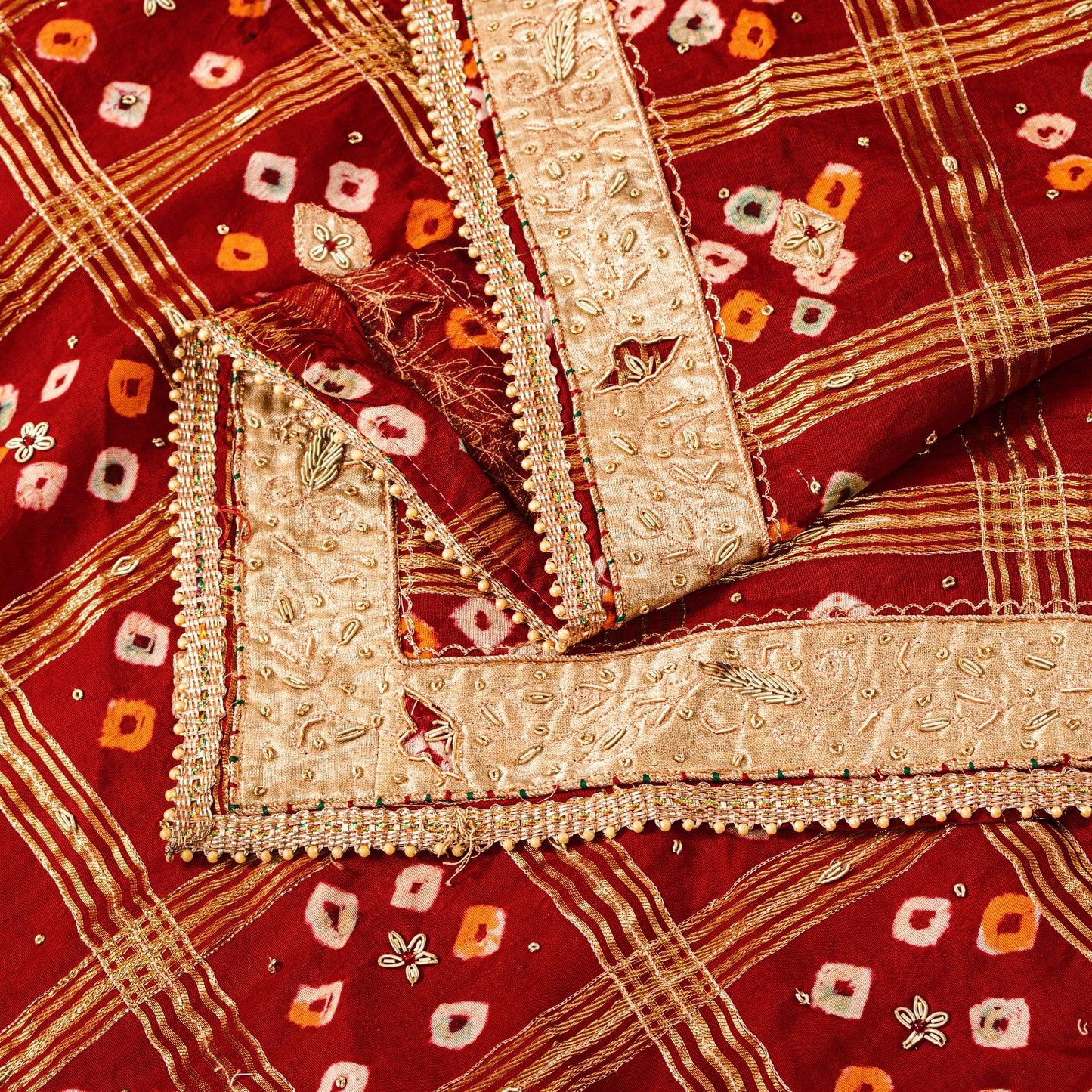 Sanskriti Vintage Dark Red Pure Cotton Dupatta/Stole Bandhani Gharchola Zardozi