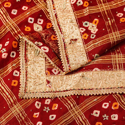 Sanskriti Vintage Dark Red Pure Cotton Dupatta/Stole Bandhani Gharchola Zardozi