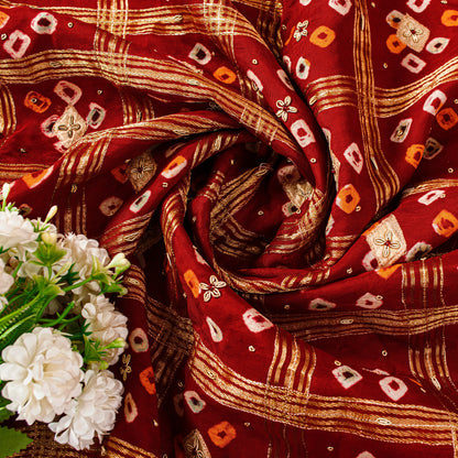 Sanskriti Vintage Dark Red Pure Cotton Dupatta/Stole Bandhani Gharchola Zardozi
