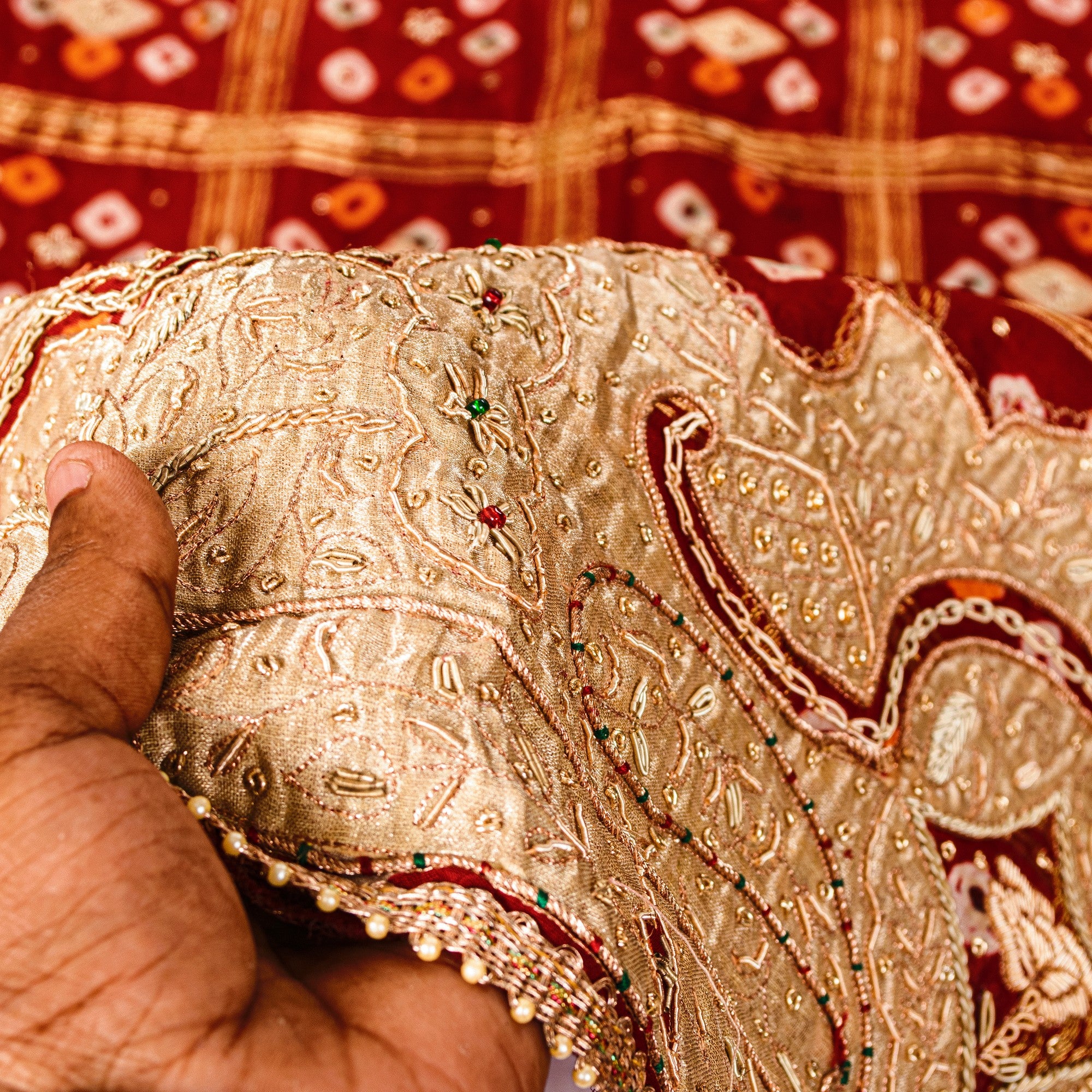 Sanskriti Vintage Dark Red Pure Cotton Dupatta/Stole Bandhani Gharchola Zardozi