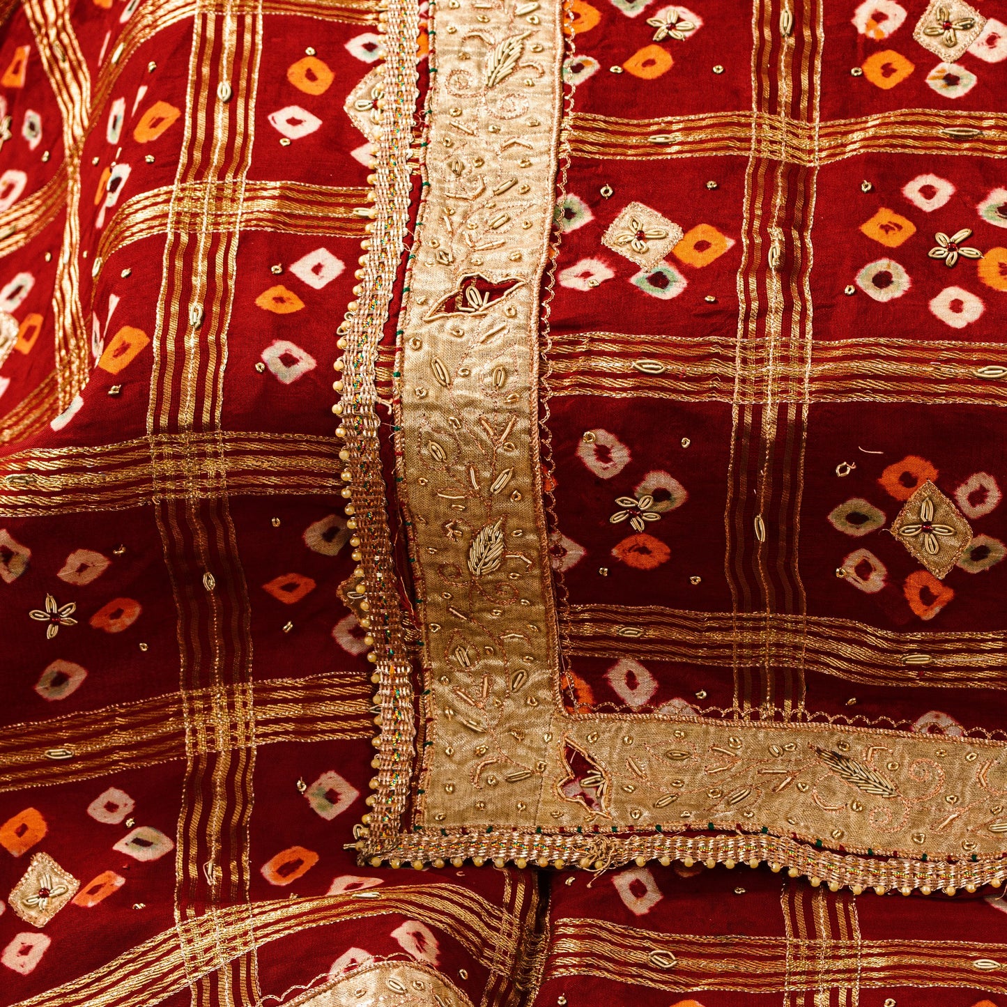 Sanskriti Vintage Dark Red Pure Cotton Dupatta/Stole Bandhani Gharchola Zardozi